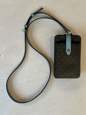 Michael Kors Brown and Black Signature Phone Bag With Blue Accent